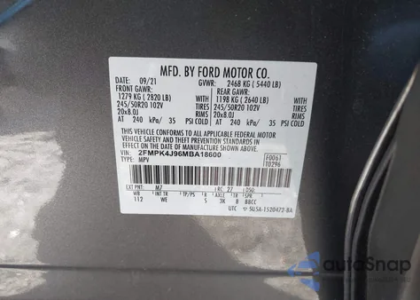 2021 Ford Edge St-Line из США, поврежденный, VIN 2FMPK4J96MBA18600